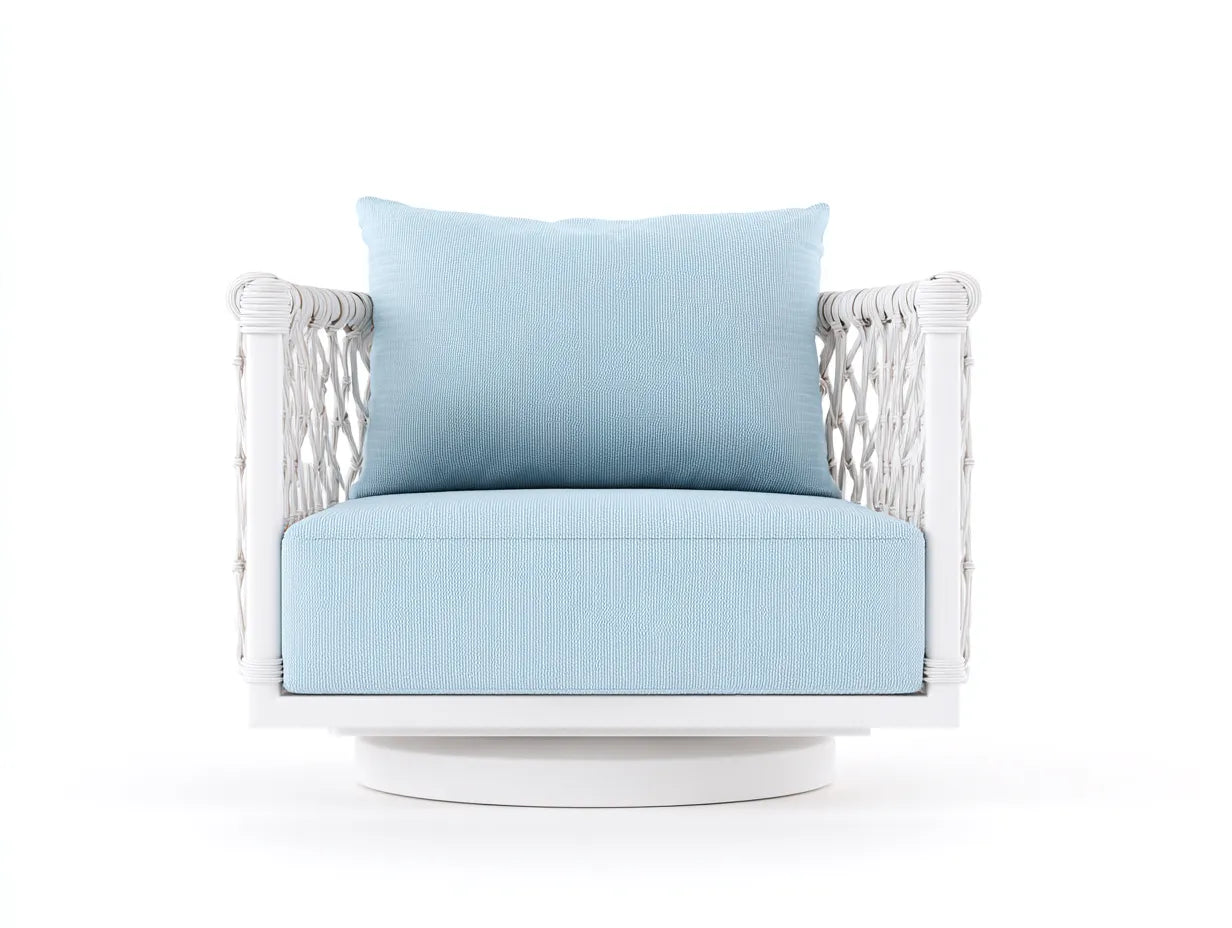Sessel Polyrattan Stoff 96x90x77 cm - Weiß und Hellblau - kompakte Sitzschale für Außenbereich
