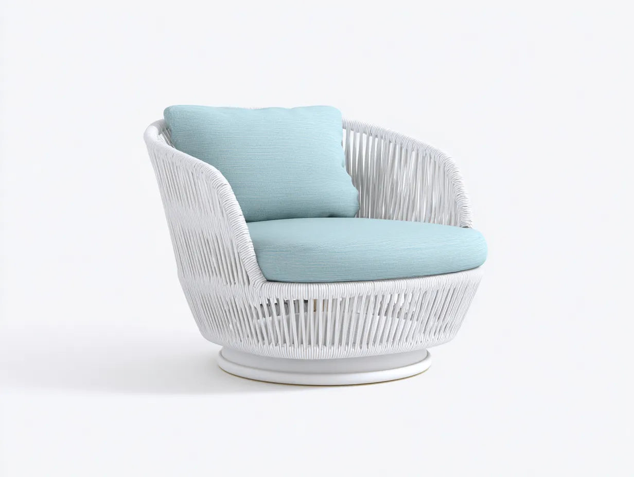 Sessel Polyrattan Stoff 104x96x82 cm - Weiß und Hellblau - drehbar für Außenbereich