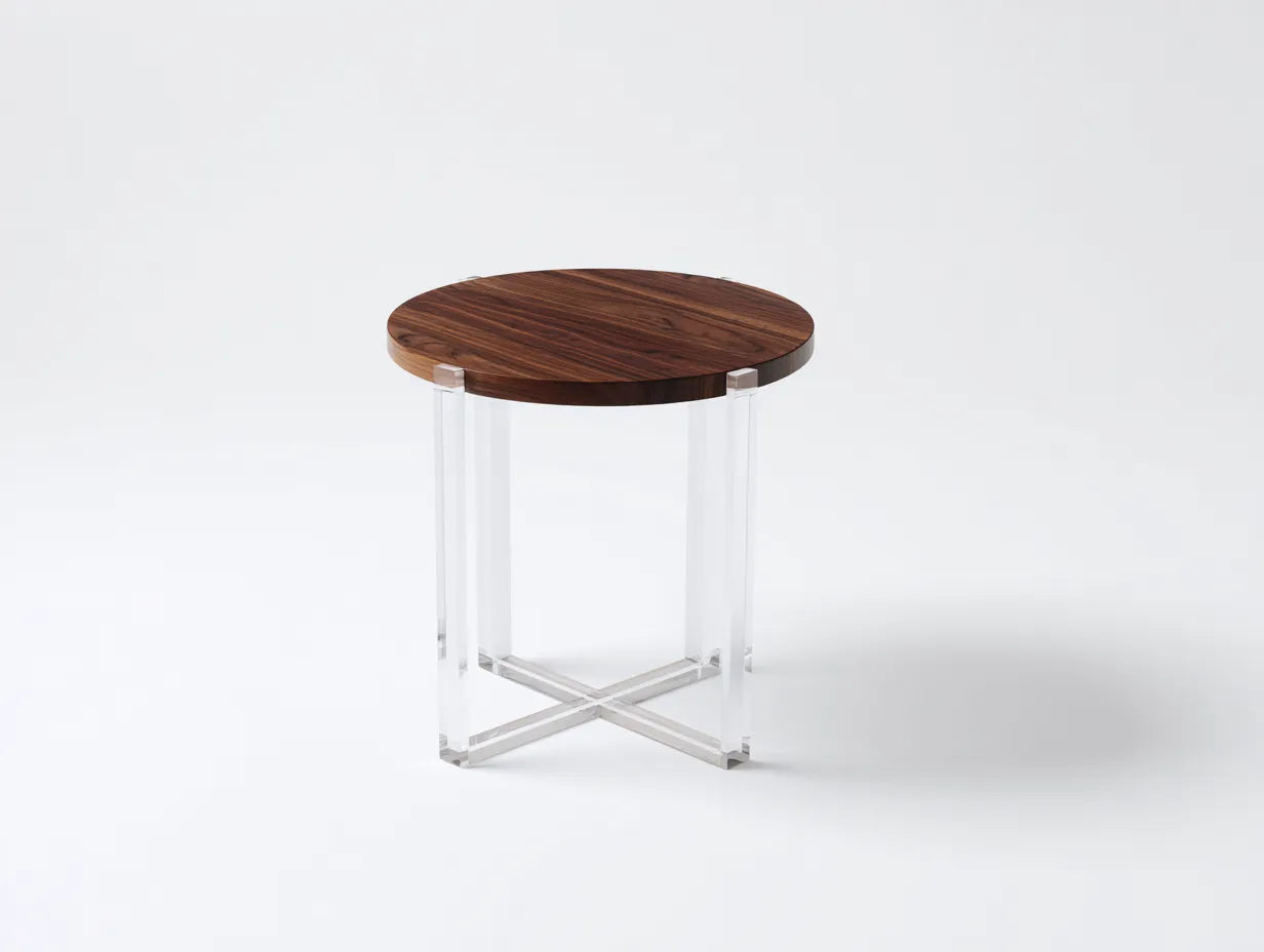 Beistelltisch rund 47x47x54 cm - Nussbaum und Transparent - klare Standfüße mit Kreuzbasis für Wohnzimmer
