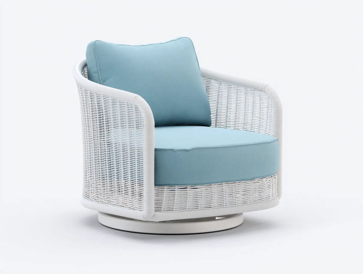 Sessel Polyrattan Stoff 100x93x79 cm - Weiß und Hellblau - gebogene Armlehnen für Außenbereich