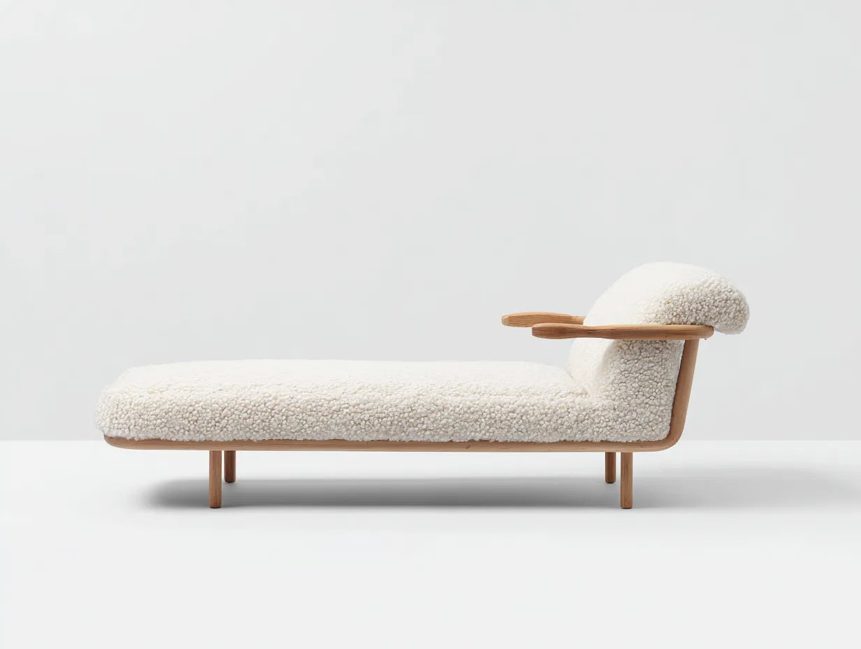 Chaiselongue Teddy-Stoff 176x73x78 cm - Cremeweiß - schmale Holzbeine